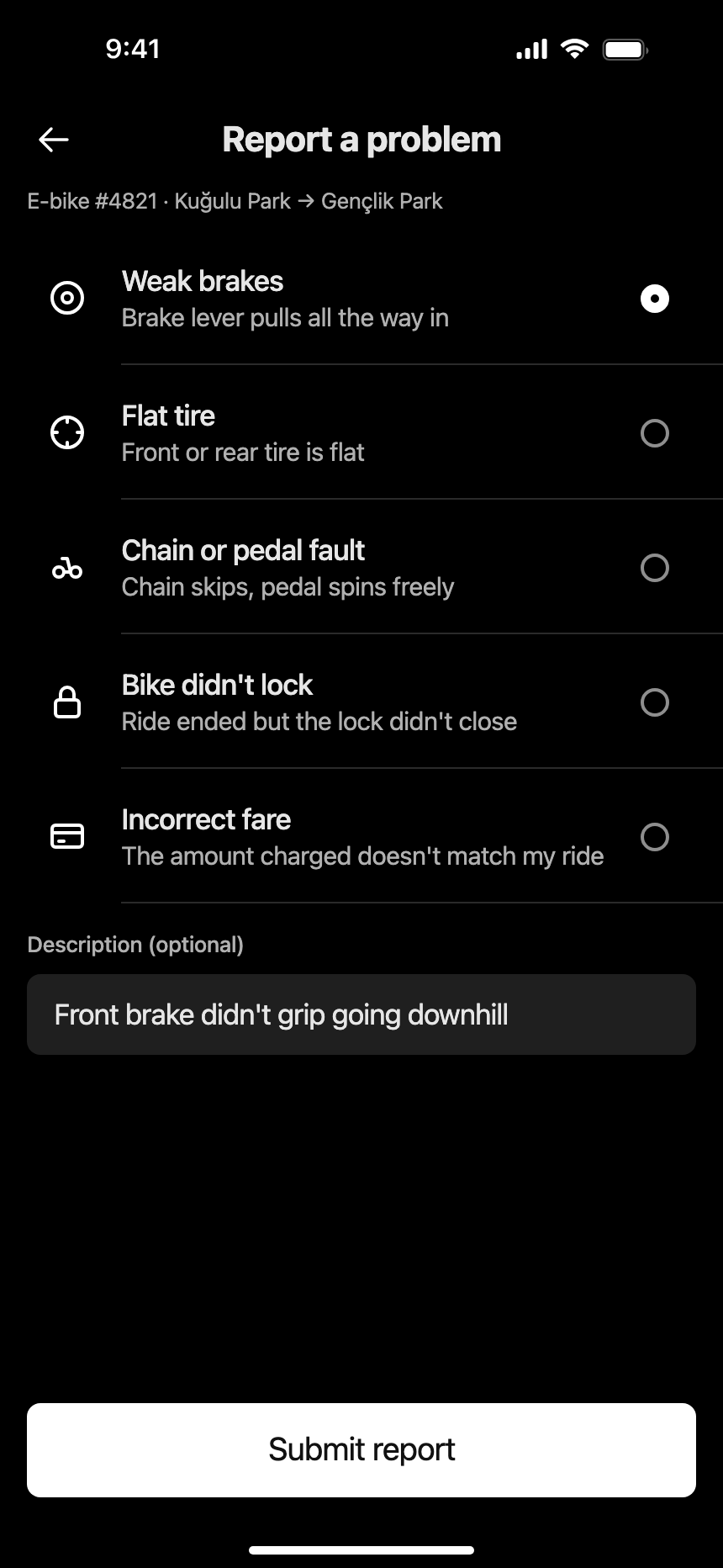 Report problem (Dark) · iPhone 16 Plus